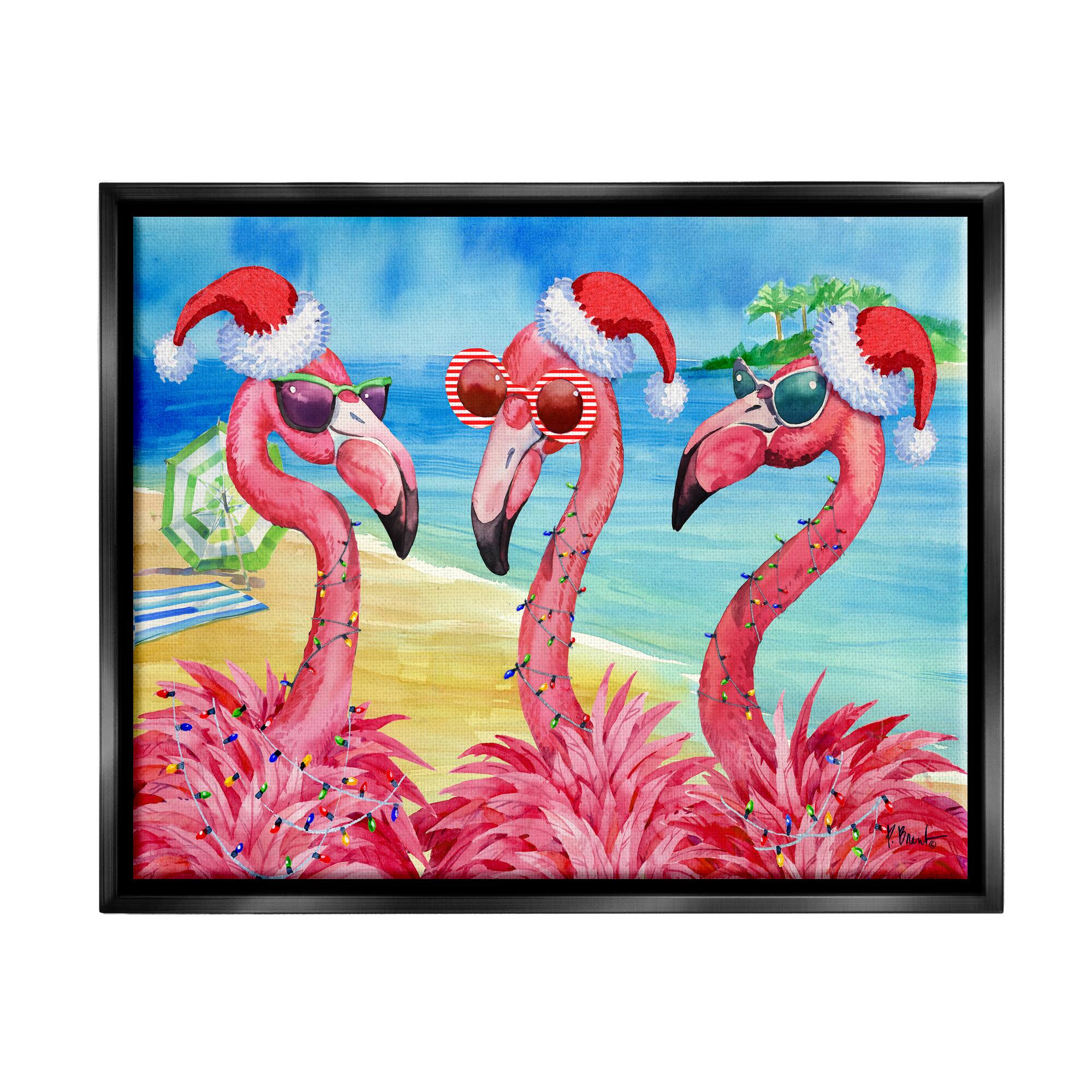 Stupell Industries Holiday Lights Flamingos Beach Framed Floater Canvas Wall Art